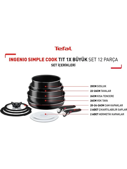 Tefal L15392 Ingenio Titanyum 1X SimpleCook Büyük Tava ve Tencere Seti 12 Parça - 2100125537 - 2