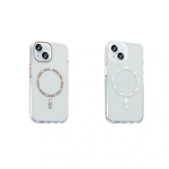 iPhone 15 Plus Kılıf Taşlı Tasarım M-safe Şarj Özellikli Koment Silikon Kapak - Resim 6