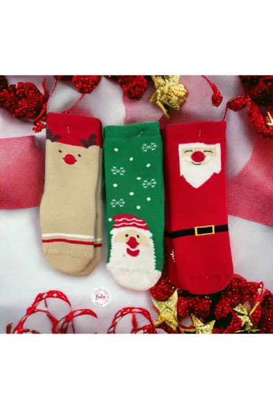 BATU GİYİM Yılbaşı Desenli Çocuk Kaydırmaz Havlu Çorap Seti