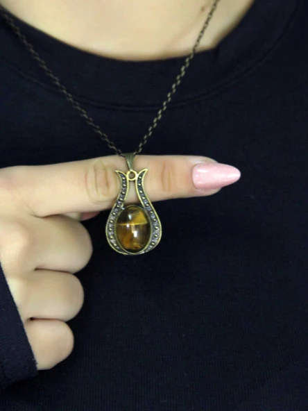 Doğal Taş Kaplangözü Doğal Taşlı Lale Modelli Antik Kadın Kolye euk44kg ürün görseli