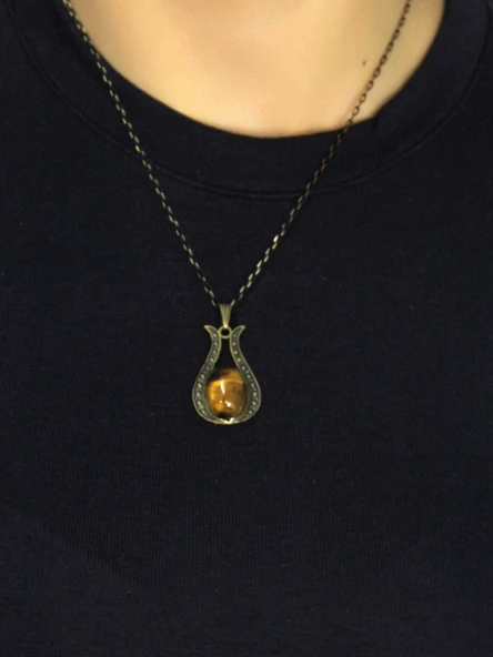 Doğal Taş Kaplangözü Doğal Taşlı Lale Modelli Antik Kadın Kolye euk44kg - Resim 3