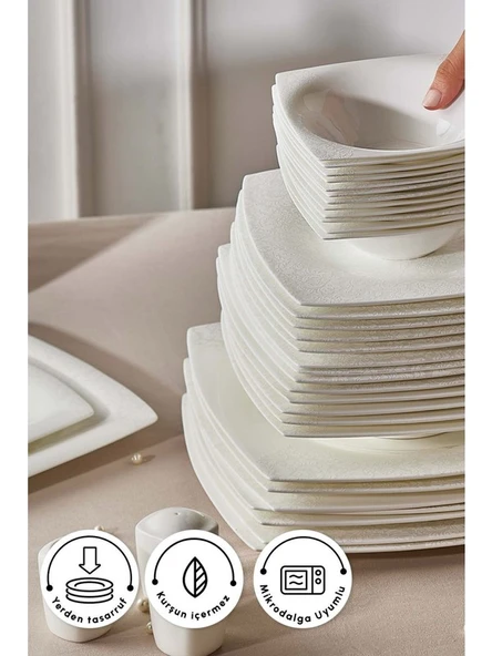 Karaca Fine Pearl Helen 62 Parça 12 Kişilik Beyaz Porselen Kare Tabaklı Şık Yemek Takımı - 4