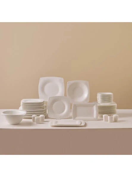 Karaca Fine Pearl Helen 62 Parça 12 Kişilik Beyaz Porselen Kare Tabaklı Şık Yemek Takımı