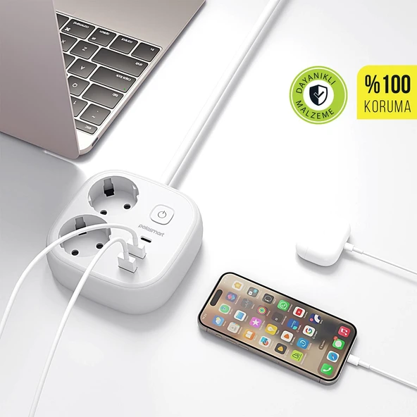 Polosmart MP23 2 Prizli Uzatma Kablosu 2 USB + Type-C Çıkışlı 2 Metre Akım Korumalı Beyaz - 3