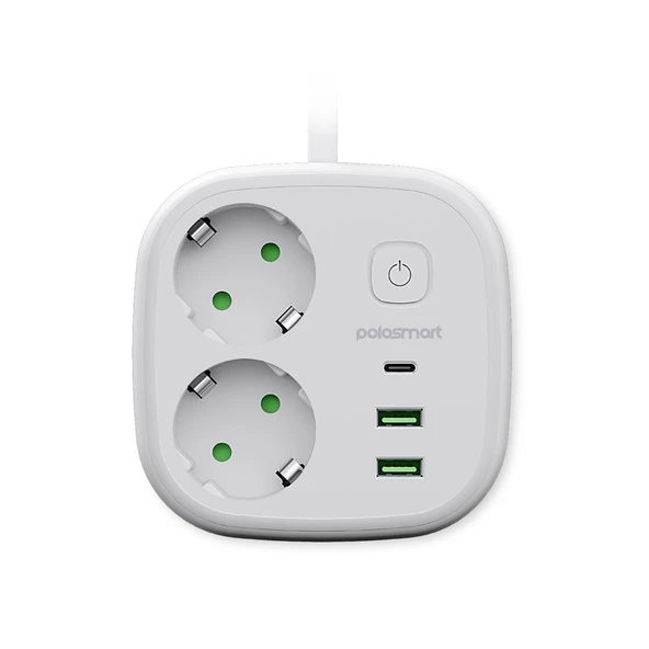 Polosmart MP23 2 Prizli Uzatma Kablosu 2 USB + Type-C Çıkışlı 2 Metre Akım Korumalı Beyaz