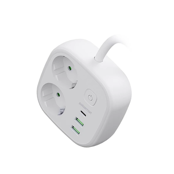 Polosmart MP23 2 Prizli Uzatma Kablosu 2 USB + Type-C Çıkışlı 2 Metre Akım Korumalı Beyaz - 2