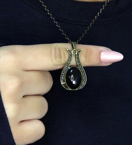 Doğal Taş Oniks Doğal Taşlı Lale Modelli Antik Kadın Kolye euk44o - Resim 2