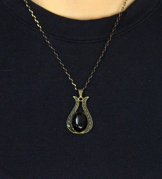 Doğal Taş Oniks Doğal Taşlı Lale Modelli Antik Kadın Kolye euk44o - Resim 3