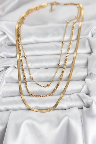 316L Çelik Gold Renk 3'lü Kadın Kolye - TJ-BKO10630 - Resim 2
