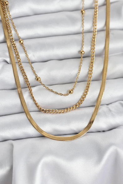 316L Çelik Gold Renk 3'lü Kadın Kolye - TJ-BKO10630 ürün görseli