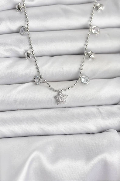 Pirinç Gümüş Renk Yıldız Model Kadın Kolye - TJ-BKO10650 ürün görseli