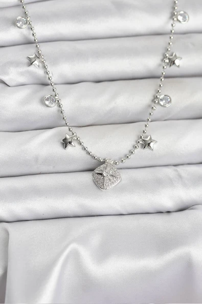 Pirinç Gümüş Renk Zirkon Taşlı Kutup Yıldızı Model Kadın Kolye - TJ-BKO10657 ürün görseli