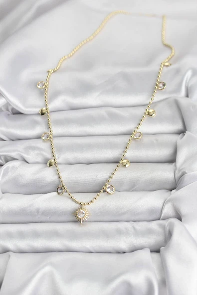Zirkon Taşlı Kutup Yıldızı Model Pirinç Gold Renk Kadın Kolye - TJ-BKO10648 - Resim 2