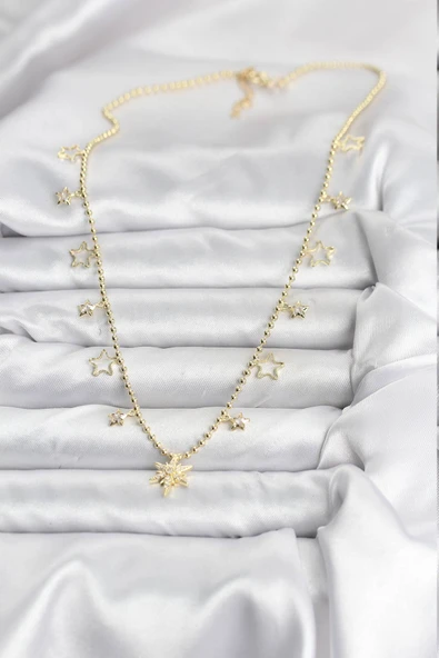 Pirinç Gold Renk Zirkon Taşlı Kutup Yıldızı Model Kadın Kolye - TJ-BKO10649 - Resim 2