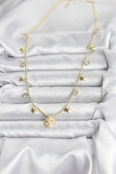 Pirinç Gold Renk Zirkon Taşlı Kutup Yıldızı Model Kadın Kolye - TJ-BKO10647 - Resim 2