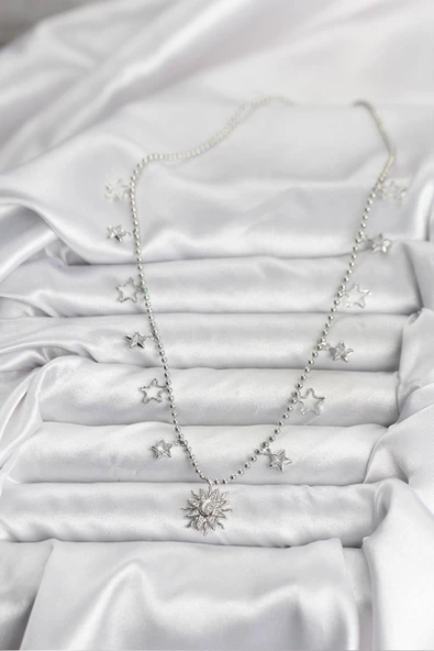 Pirinç Gümüş Renk Güneş Model Kadın Kolye - TJ-BKO10655 - Resim 2