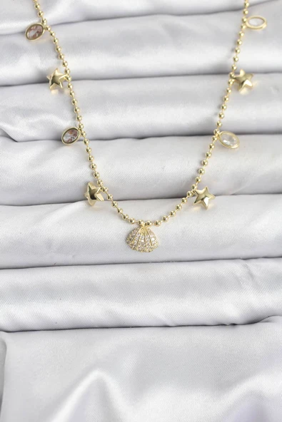 Pirinç Gold Renk Zirkon Taşlı Deniz Kabuğu Model Kadın Kolye - TJ-BKO10646 ürün görseli