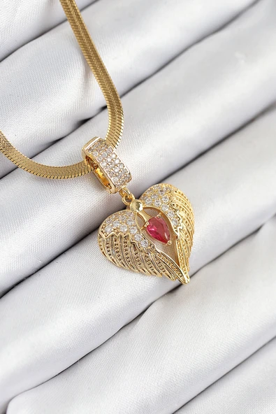 316L Çelik Zirkon Taşlı Kanatlı Kalp Model Gold Renk Kadın Kolye - TJ-BKO10533