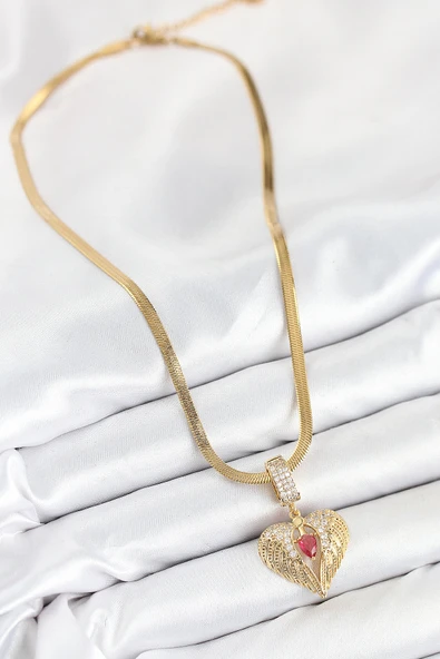 316L Çelik Zirkon Taşlı Kanatlı Kalp Model Gold Renk Kadın Kolye - TJ-BKO10533 - 2