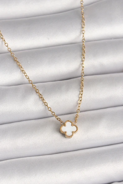 316L Çelik Gold Renk Beyaz Yonca Model Kadın Kolye - TJ-BKO10019