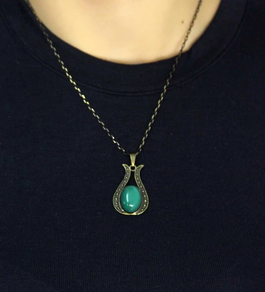 Doğal Taş Yeşil Akik Doğal Taşlı Lale Modelli Antik Kadın Kolye euk44ya - Resim 3