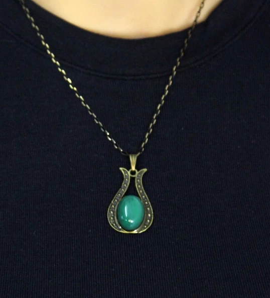 Doğal Taş Yeşil Akik Doğal Taşlı Lale Modelli Antik Kadın Kolye euk44ya - Resim 2
