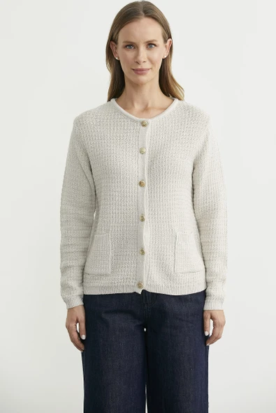 Dore Düğme Detaylı Yünlü Triko Hıırka - Taş - Resim 2