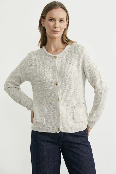 Dore Düğme Detaylı Yünlü Triko Hıırka - Taş - Resim 3