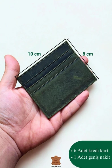 Hakiki Crazy Deri Kartlık Ultra ince Minimal Tasarım Kişiye Özel İsim Baskılı Haki - Resim 5