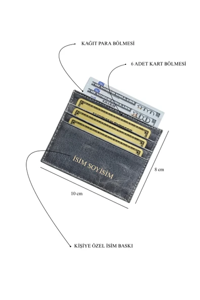 İsim Baskılı Hakiki Deri Kartlık & Cüzdan | 6 Kart Kapasiteli Crazy Gri - Resim 7