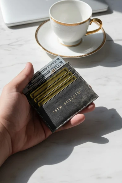 İsim Baskılı Hakiki Deri Kartlık & Cüzdan | 6 Kart Kapasiteli Crazy Gri - Resim 5