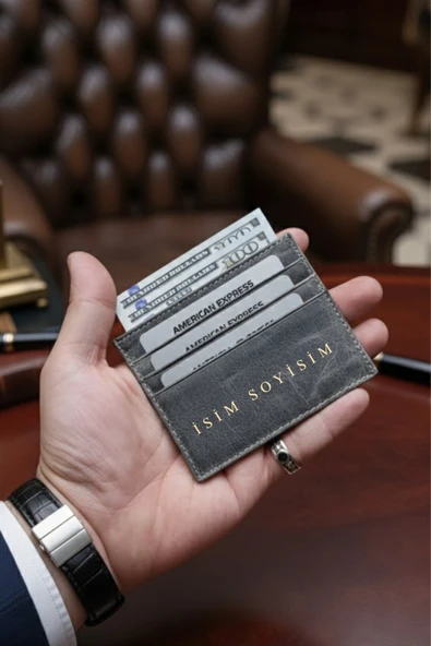 İsim Baskılı Hakiki Deri Kartlık & Cüzdan | 6 Kart Kapasiteli Crazy Gri - Resim 4