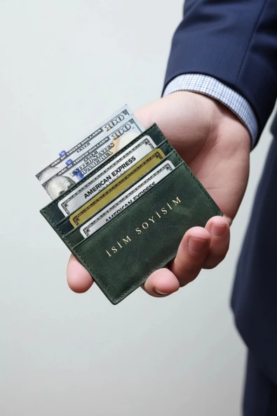 İsim Baskılı Hakiki Deri Kartlık & Cüzdan | 6 Kart Kapasiteli Crazy Haki - Resim 3