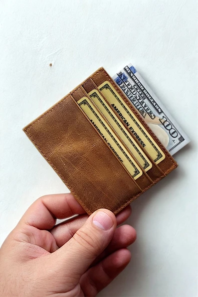 Hakiki Crazy Deri Kartlık Ultra ince Minimal Tasarım Kişiye Özel İsim Baskılı Camel ürün görseli