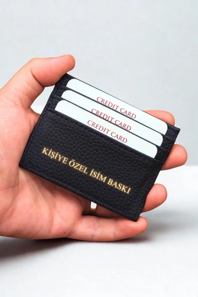 Cüzdan & Kartlık İsim Baskılı Unisex Model Mini Ve Ince Deri Dizme Floter Siyah Portföy - Resim 3