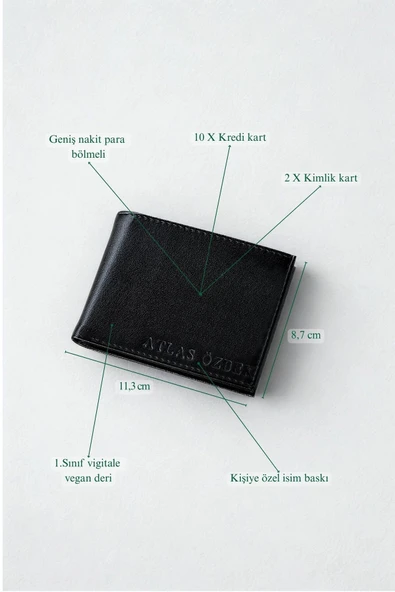 Vegan Deri İsme Özel Baskılı Erkek Cüzdanı - 12 Kartlık ve Geniş Para Bölmeli Lüks Tasarım Siyah - Resim 7