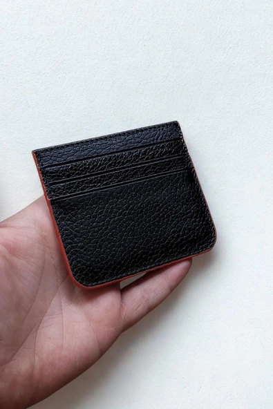 Hakiki Deri Kartlık Klasik Ultra Ince Unisex Siyah Kırmız Kenar Boyamalı Kartlık - Resim 6