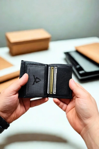 Hakiki Deri Cüzdan Küçük Boy 12 Adet Kart bölmeli Kelebek Model Siyah - Resim 6