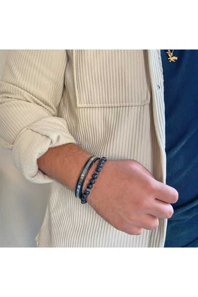 316L Çelik Kelepçe ve Oniks Doğal Taş Erkek Bileklik Kombini KMB-131 ürün görseli