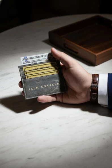 İsim Baskılı Hakiki Deri Kartlık & Cüzdan | 6 Kart Kapasiteli Crazy Gri - Resim 3