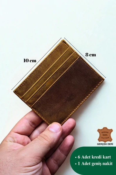 Hakiki Crazy Deri Kartlık Ultra ince Minimal Tasarım Kişiye Özel İsim Baskılı Camel - Resim 6
