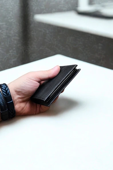 Hakiki Deri Cüzdan Küçük Boy 9 Adet Kart bölmeli Siyah - Resim 5