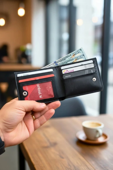 Vegan Deri Cüzdan İsim Baskılı Süper Ince Model 5 Adet Kart Kapasiteli Gizli Çıtçıtlı Kapama Siyah - Resim 2