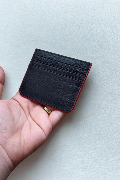 Hakiki Deri Kartlık Klasik Ultra Ince Unisex Siyah Kırmız Kenar Boyamalı Kartlık - Resim 5