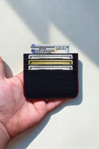 Hakiki Deri Kartlık Klasik Ultra Ince Unisex Siyah Kırmız Kenar Boyamalı Kartlık ürün görseli