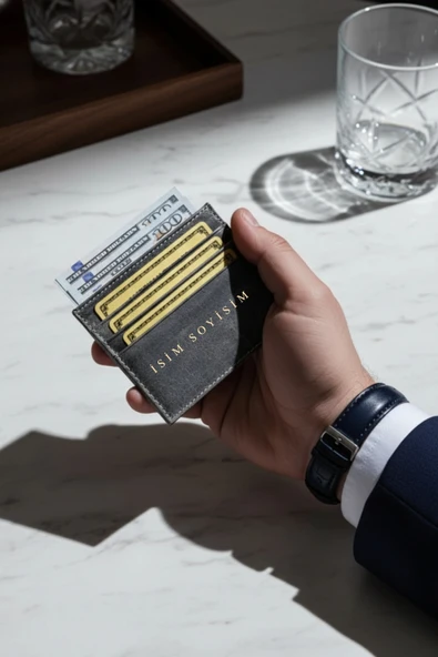 İsim Baskılı Hakiki Deri Kartlık & Cüzdan | 6 Kart Kapasiteli Crazy Gri - Resim 6