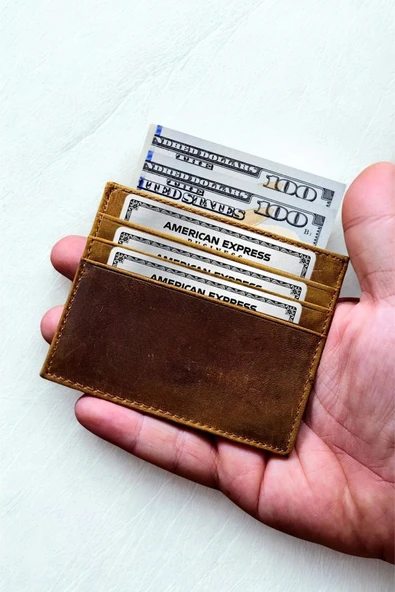 Hakiki Crazy Deri Kartlık Ultra ince Minimal Tasarım Kişiye Özel İsim Baskılı Camel - Resim 4