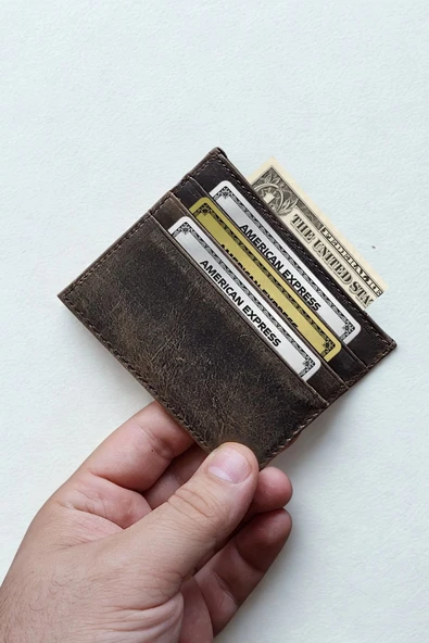 Hakiki Crazy Deri Kartlık Ultra ince Minimal Tasarım Kişiye Özel İsim Baskılı Kahverengi ürün görseli