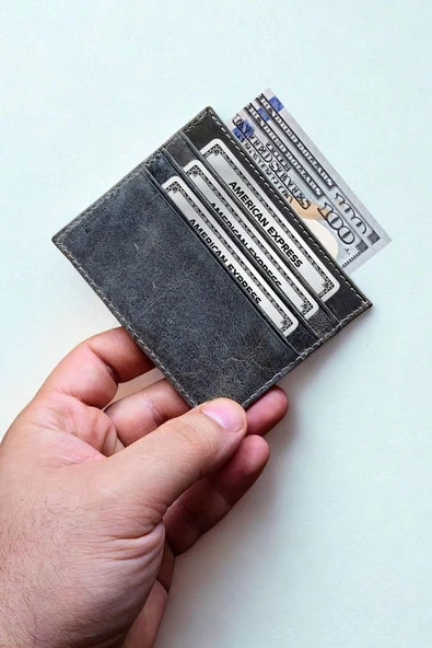 Hakiki Crazy Deri Kartlık Ultra ince Minimal Tasarım Kişiye Özel İsim Baskılı Gri ürün görseli