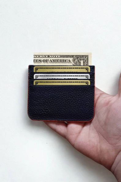 Hakiki Deri Kartlık Klasik Ultra Ince Unisex Siyah Kırmız Kenar Boyamalı Kartlık - Resim 4